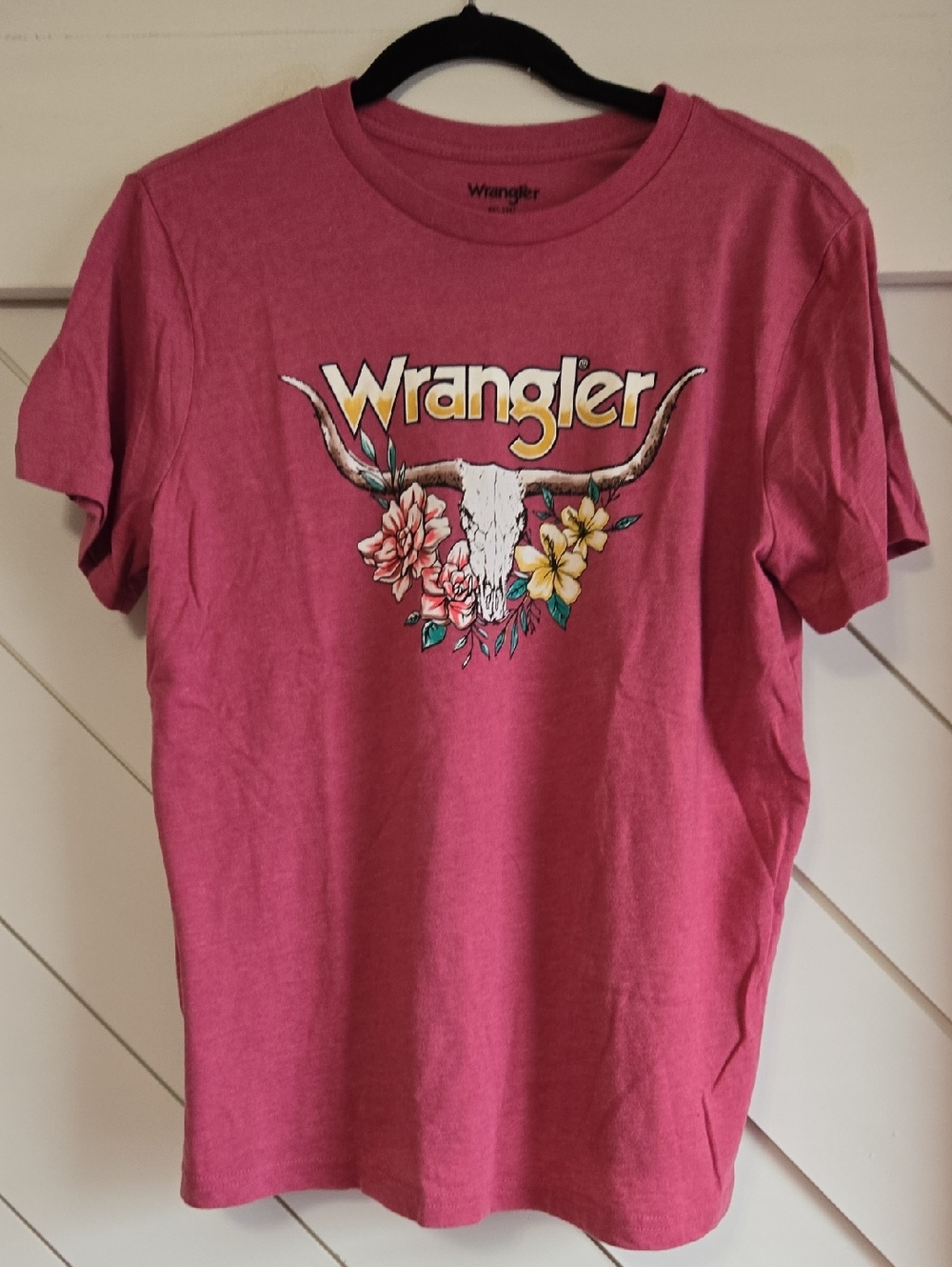 Wrangler Rose Pink Tee with Floral Steer Skull Graphic